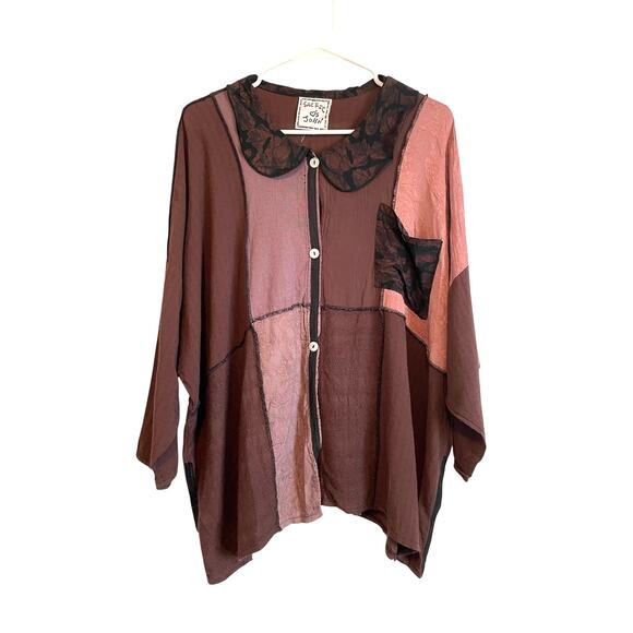 Jackie Loves John Tops - Jackie Loves John Vintage Patchwork Top Collared Brown Pink Y2k Oversized Large